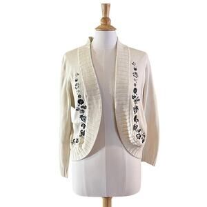 Christopher & Banks Cotton Blend Ivory Floral Applique Open Cardigan, Size XL
